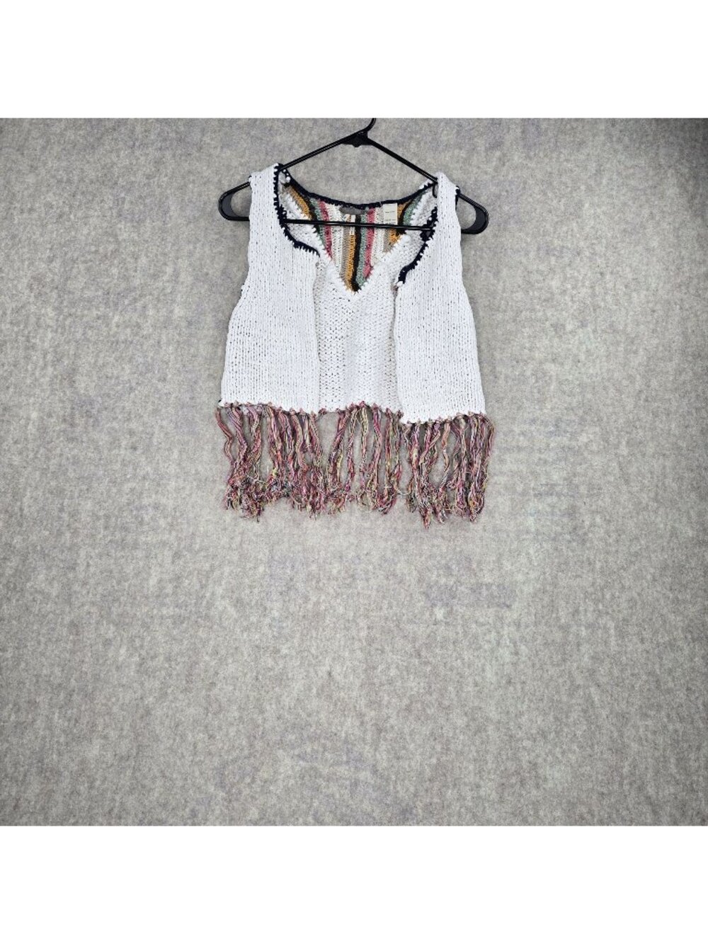 Womens BKE Crochet Fringe Boho Vest White Multicolor 100% Cotton Size Medium